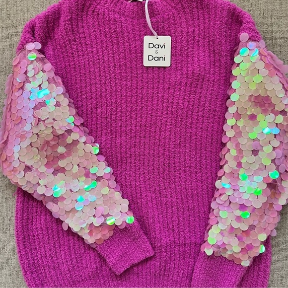NWT DAVI & DANI Vibrant Pink Sweater Tunic with Sequin Sleeves - Picture 4 of 14
